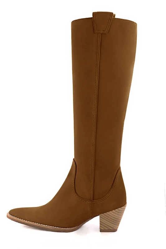 Caramel brown women's cowboy boots. Tapered toe. Medium cone heels. Made to measure. Profile view - Florence KOOIJMAN